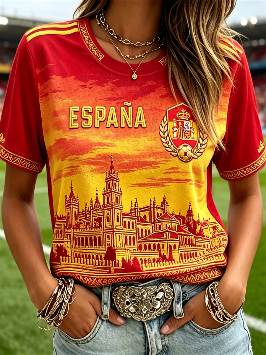 Women's Spain Football & Castle Flag Inspired Sunset Gradient Print short-sleeved T-shirt