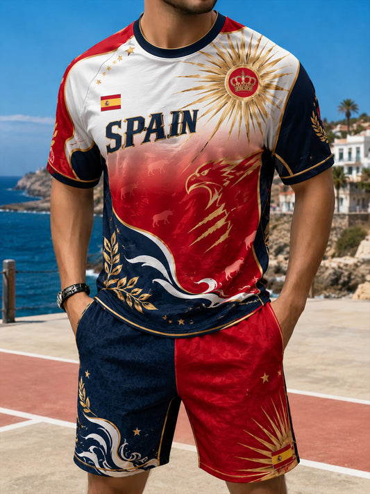 Men's Spanish Football Match Support Fan Art Print T-Shirt Set