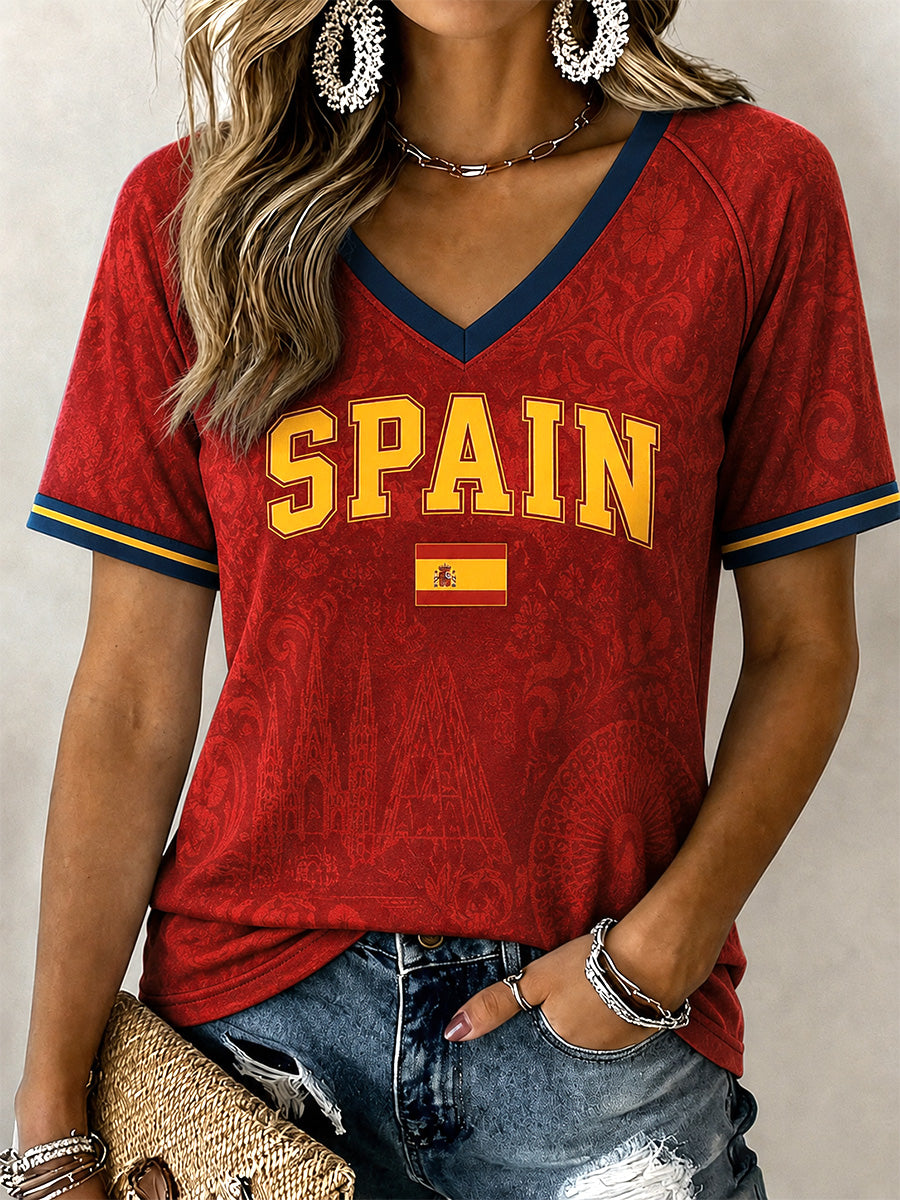 Women's Spain Print Casual V-Neck Tee