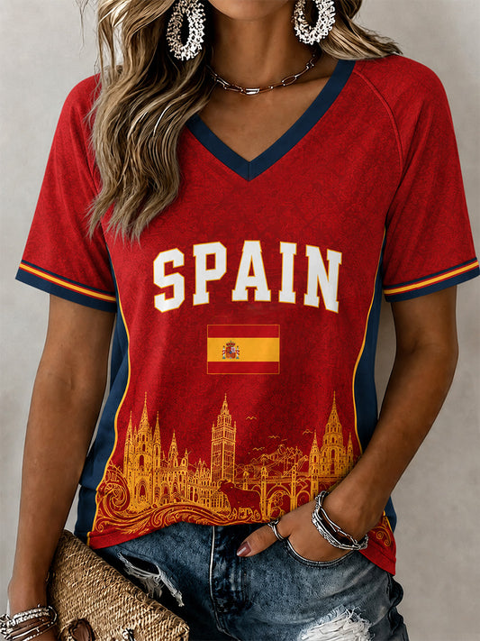 Women's Spain Print Casual V-Neck Tee
