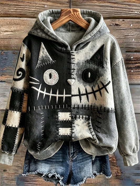 Women's Lovely Witch Black Cat Monster Colorblock Patchwork Print Hoodie