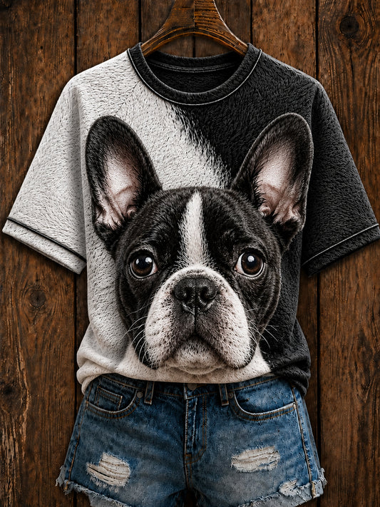 Women's Cute Boston Terrier  Art Round Neck Short Sleeve T-shirt
