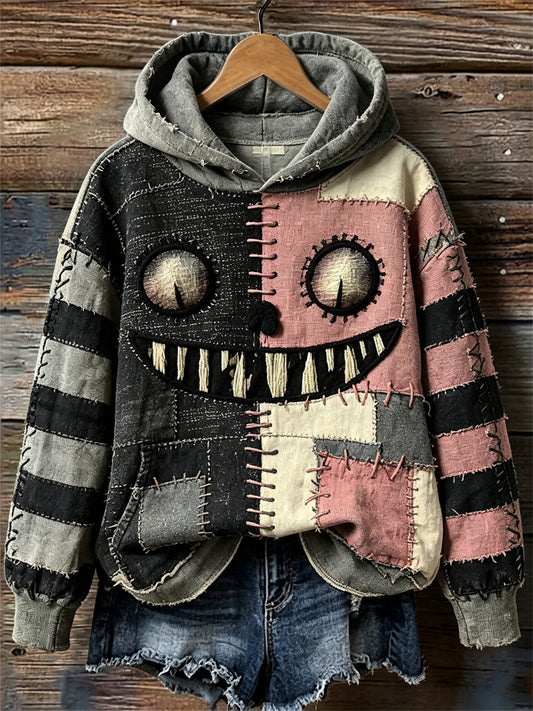 Women's Lovely Witch Black Cat Monster Colorblock Patchwork Print Hoodie