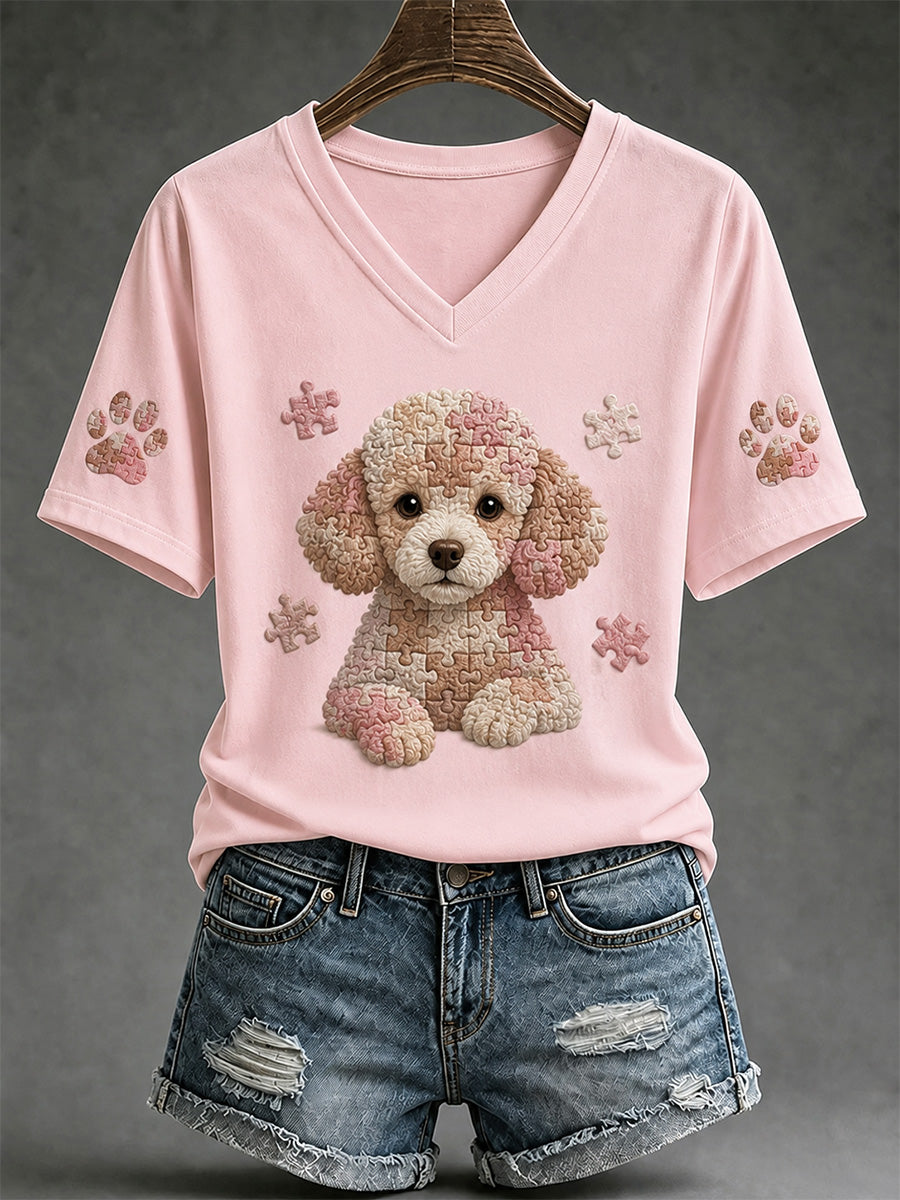 Women's Puzzle Piece Dog Print V-Neck Tee