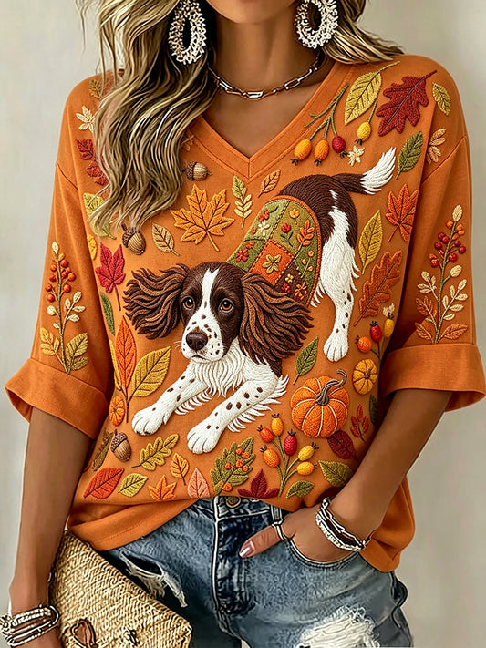 Women's Cute Springer Spaniel Fall Art Print Mid-length Sleeves V-Neck T-Shirt