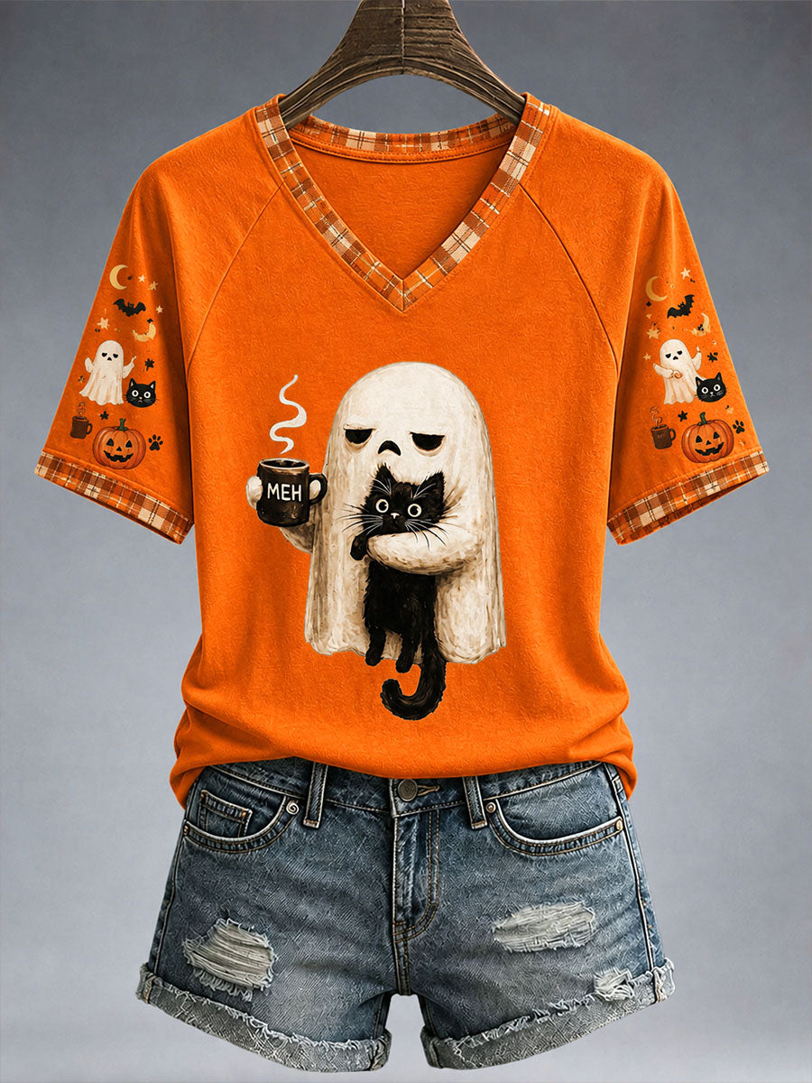 Women's Comfortable Autumn Ghost Kitten V-Neck T-Shirt