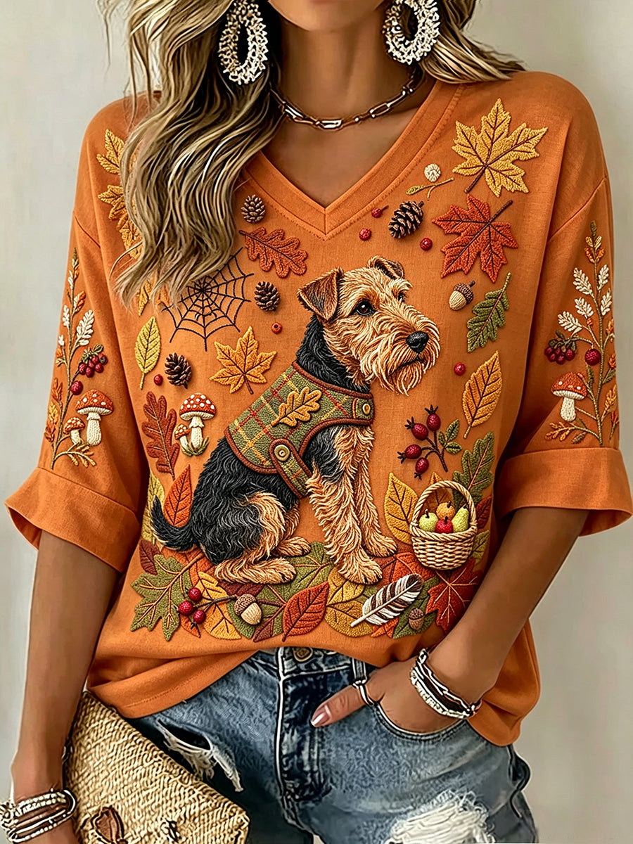 Women's Vintage Airedale Terrier Dog Fall Art Print Mid-length Sleeves V-Neck T-Shirt
