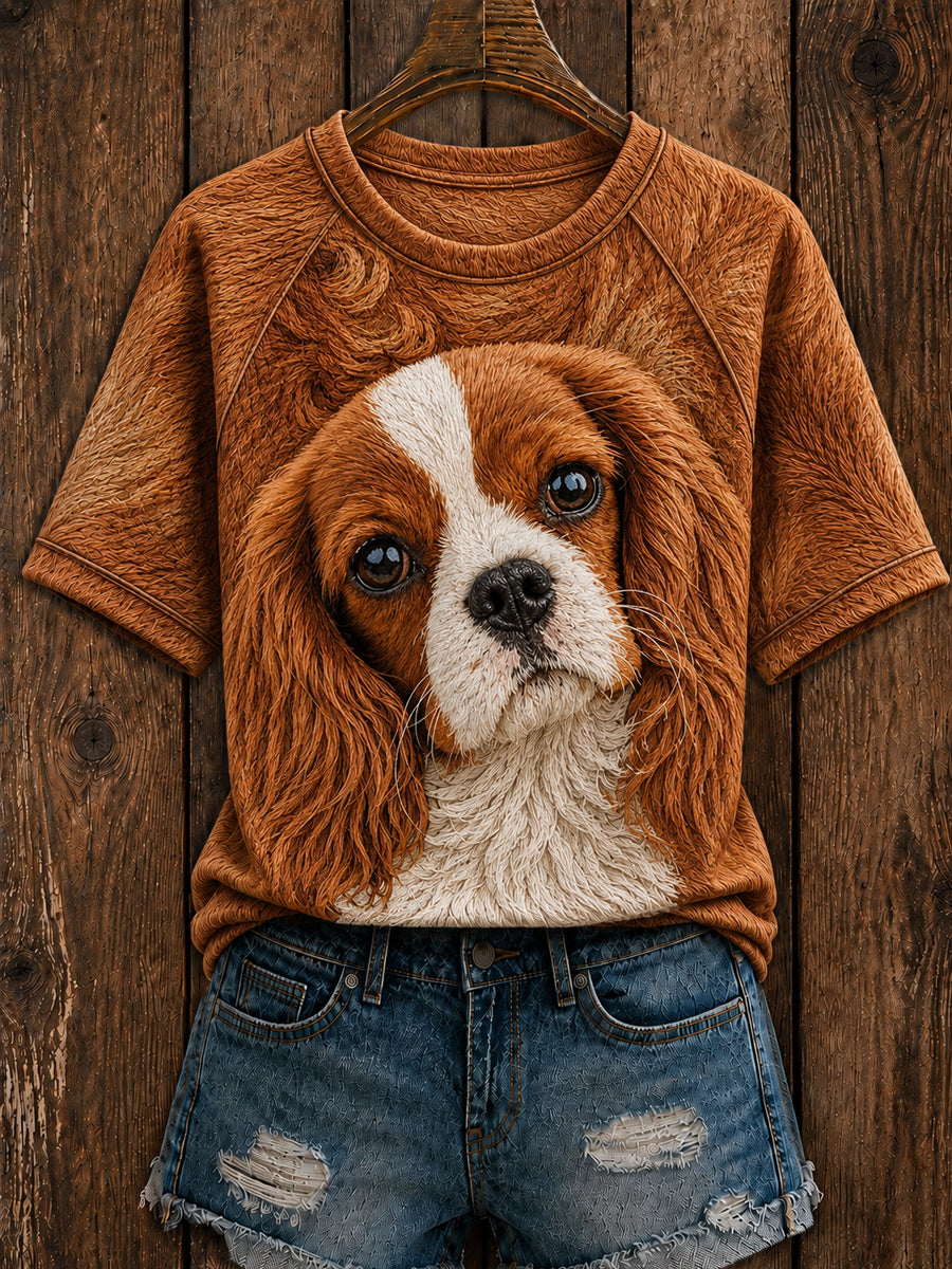 Women's Cute Cavalier King Charles Spaniel  Art Round Neck Short Sleeve T-shirt