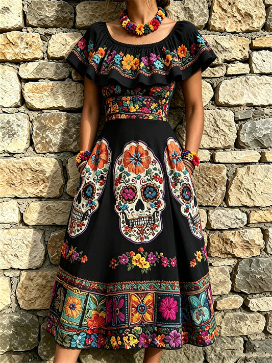 Women's Day of the Dead Sugar Skulls Mexican Floral Print Ruffle Maxi Dress