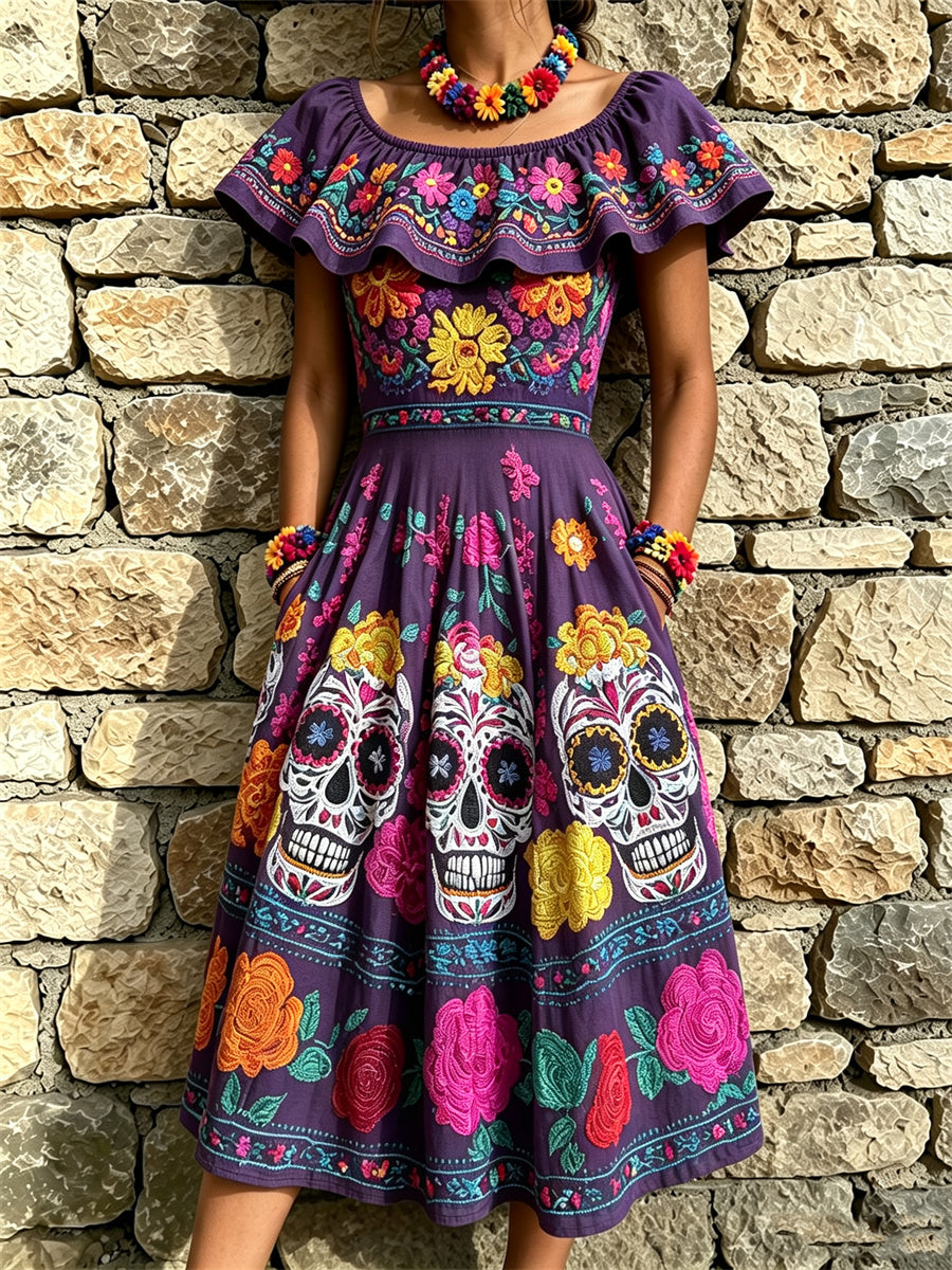 Women's Day of the Dead Sugar Skulls Mexican Floral Print Ruffle Maxi Dress