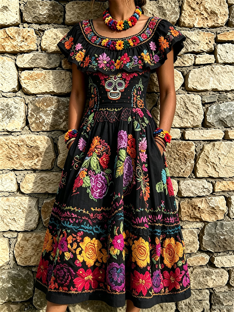Women's Day of the Dead Sugar Skulls Mexican Floral Print Ruffle Maxi Dress