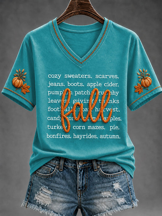 Women's Cozy Fall Maple Leaf Pumpkin   V-Neck Short Sleeve T-shirt