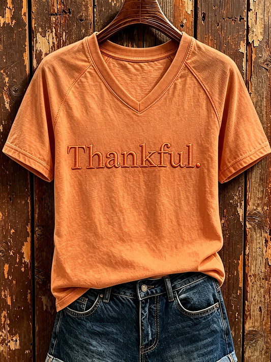 Women's Retro Fall Thankful Print Cozy V-neck Short-sleeved T-shirt