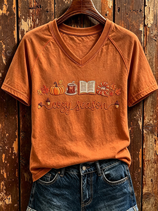 Women's Vintage Cozy Season Print V-neck Short-sleeved T-shirt