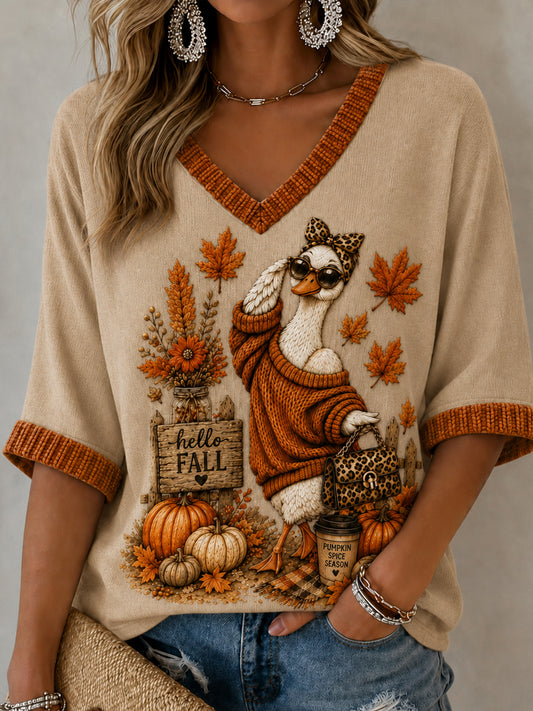 Women's Hello Fall Goose Pumpkin Maple Leaf Mid-length Sleeves V-Neck T-Shirt