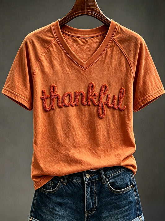 Women's Retro Fall Thankful Print Cozy V-neck Short-sleeved T-shirt