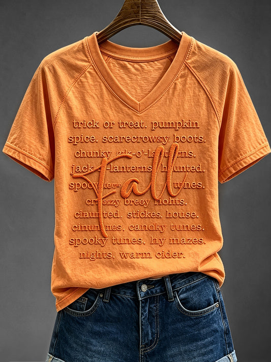 Women's Vintage Fall Quotes Print Cozy V-neck Short-sleeved T-shirt