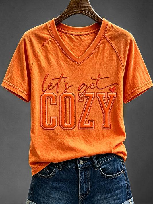 Women's Let's Get Cozy Fall Inspired Print V-neck Short-sleeved T-shirt