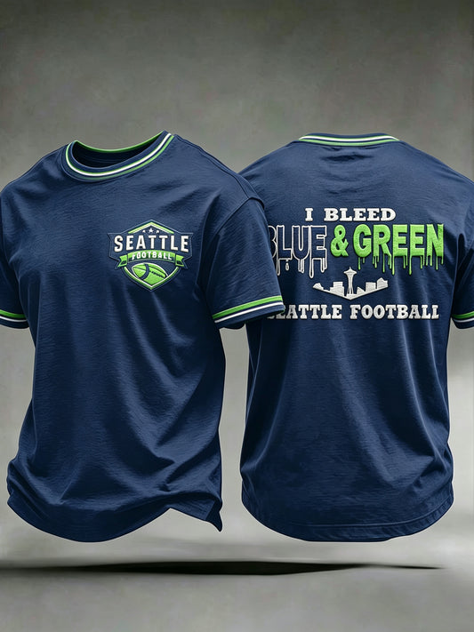 Men's Seattle Football Printed Vintage Fashion Loose Short Sleeve T-Shirt