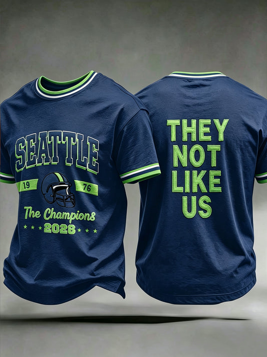 Men's Seattle Football Printed Vintage Fashion Loose Short Sleeve T-Shirt