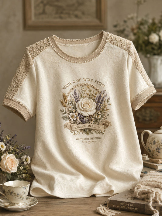 Women's England Yorkshire Day White Roses Art Printed T-shirt