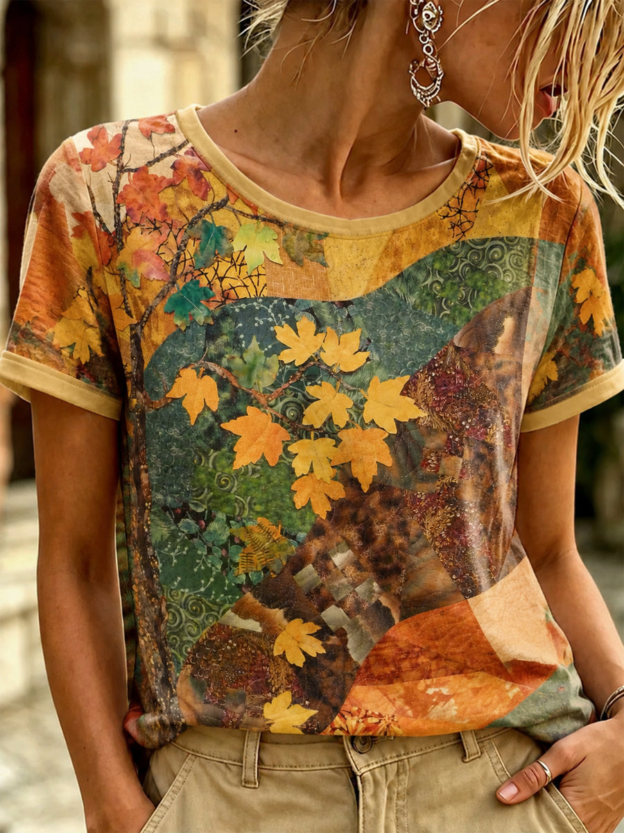 Women's Autumn Fallen Leaves Printed T-shirt