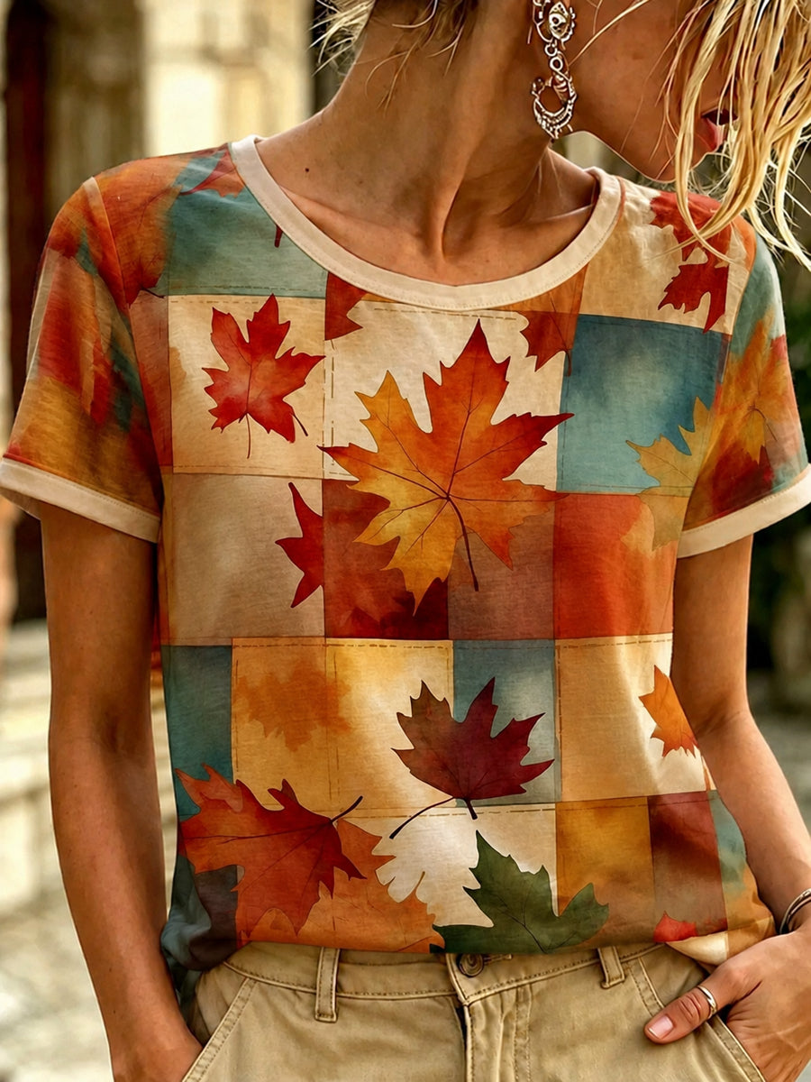 Women's Autumn Fallen Leaves Printed T-shirt