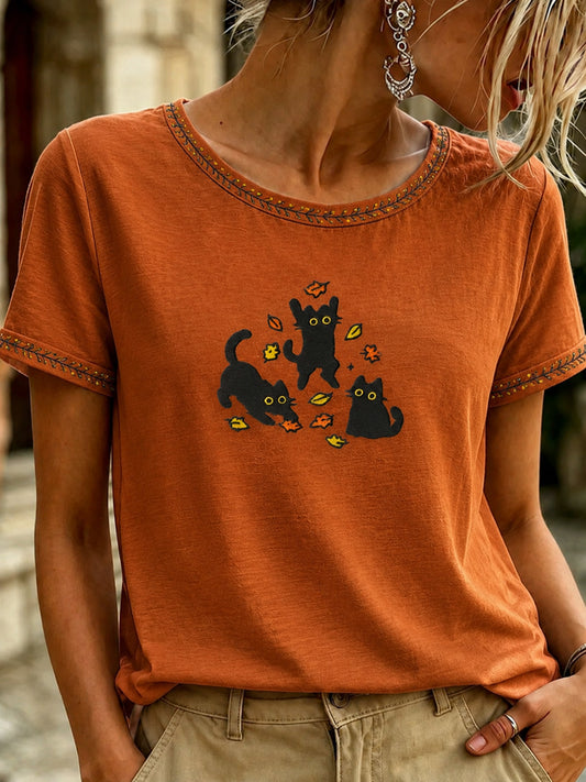 Women's Autumn Fallen Leaves Printed T-shirt