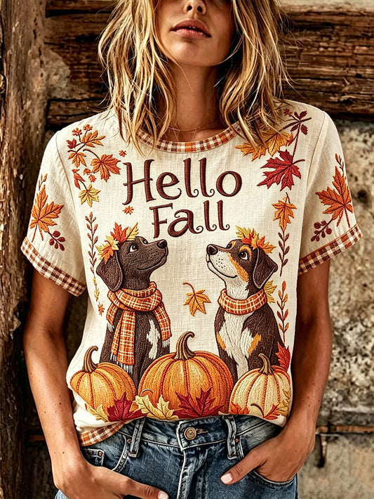 Women's autumn theme animal pattern printed casual cotton and linen short-sleeve T-shirt
