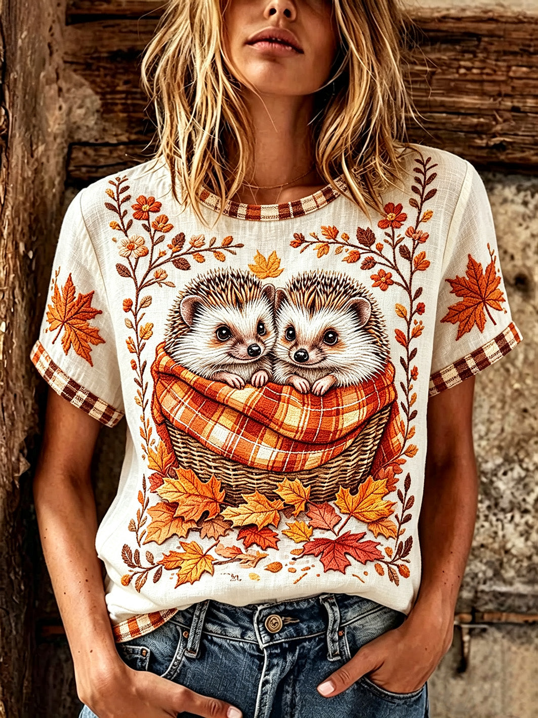 Women's autumn theme animal pattern printed casual cotton and linen short-sleeve T-shirt