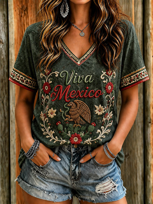 Women’s Art Printed Independence Day Mexican-Style Casual T-Shirt