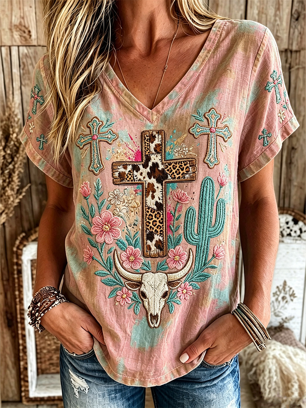 Women's retro western style faith slogan pattern printed casual linen short-sleeved T-shirt