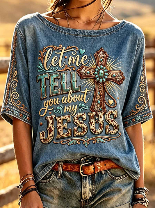 Women's Retro Western Cross Pattern Printed T-Shirt