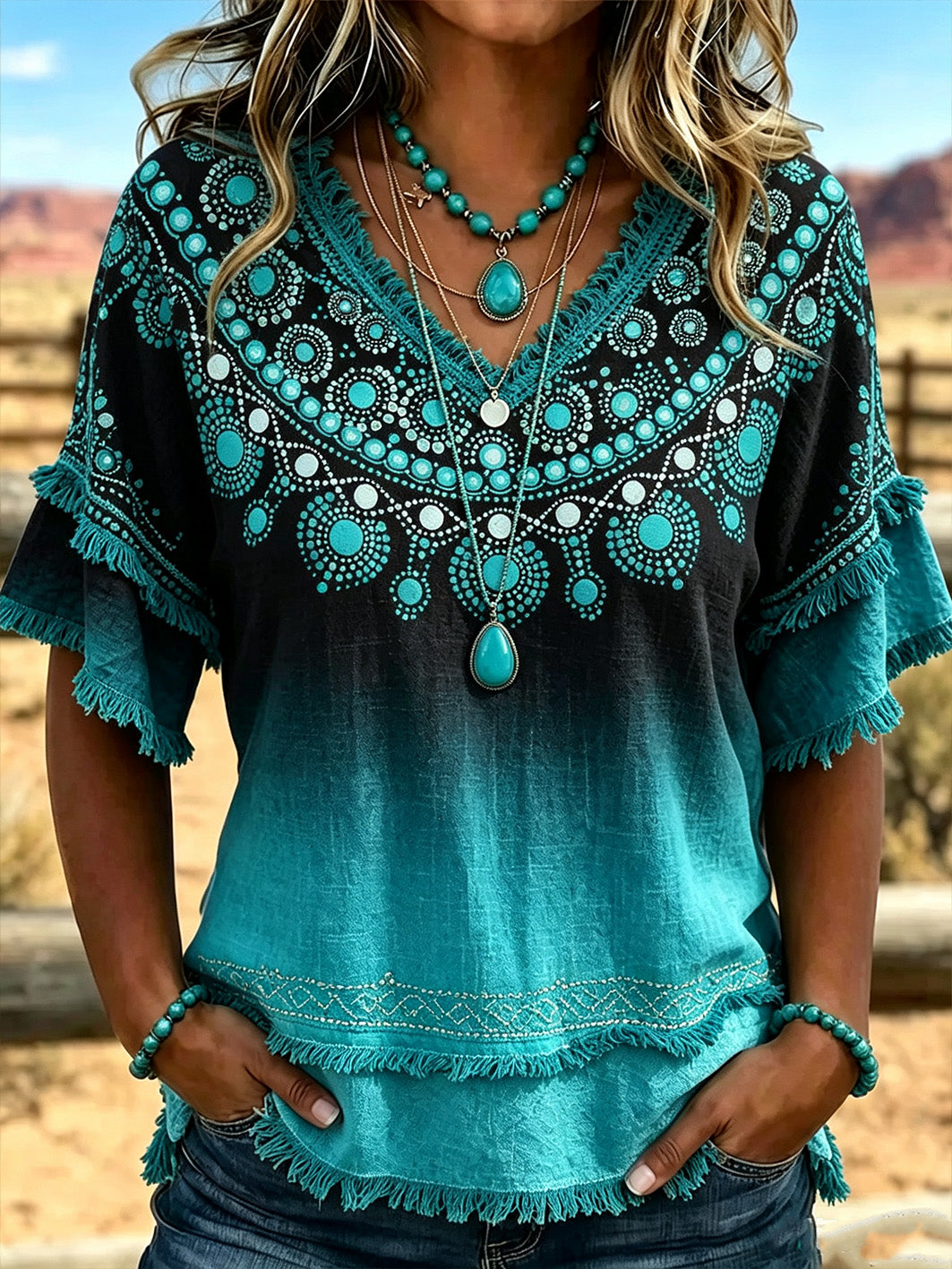 Women's western style ethnic pattern printed casual cotton and linen shirt