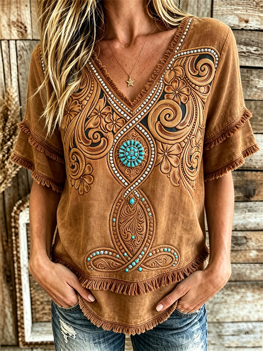 Women's Vintage Western Turquoise Floral Art Print Layered Fringe Trim Cotton-Linen Shirt