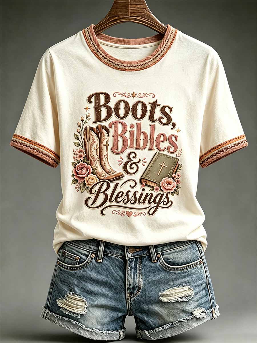 Women's Retro Western Cross Pattern Printed T-Shirt
