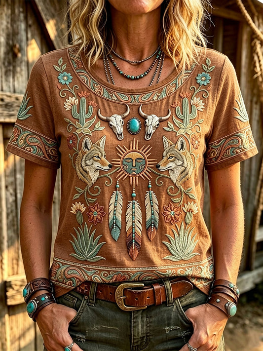 Women's Vintage Western Inspired Art Print Linen Short-sleeved T-shirt