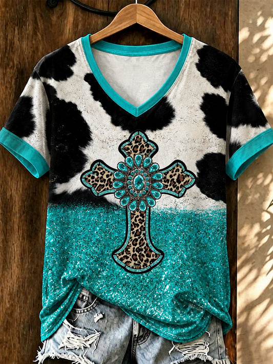 Women's Vintage Western Faith Printed V-neck T-shirt