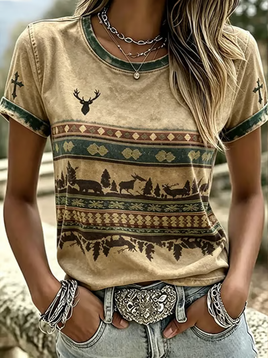 Women's Western-style print short-sleeved T-shirt