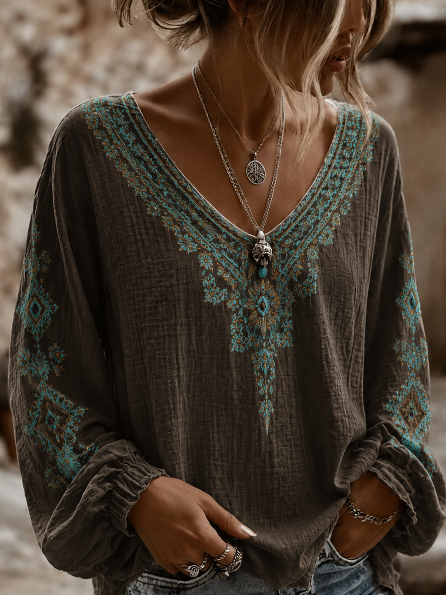 Women's Vintage Western Printed V-neck Cotton-Linen Shirt