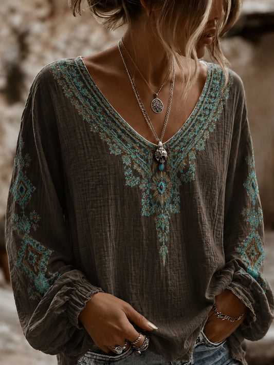 Women's Vintage Western Printed V-neck Cotton-Linen Shirt
