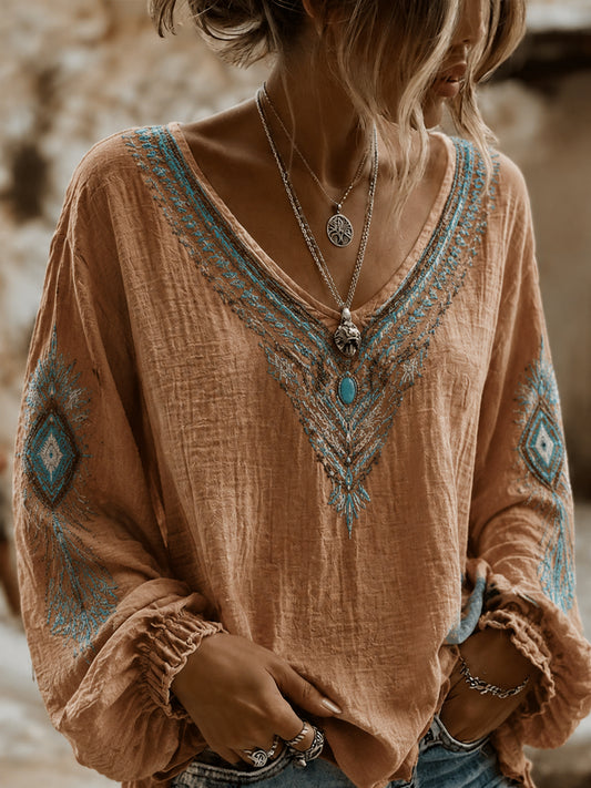 Women's Vintage Western Printed V-neck Cotton-Linen Shirt