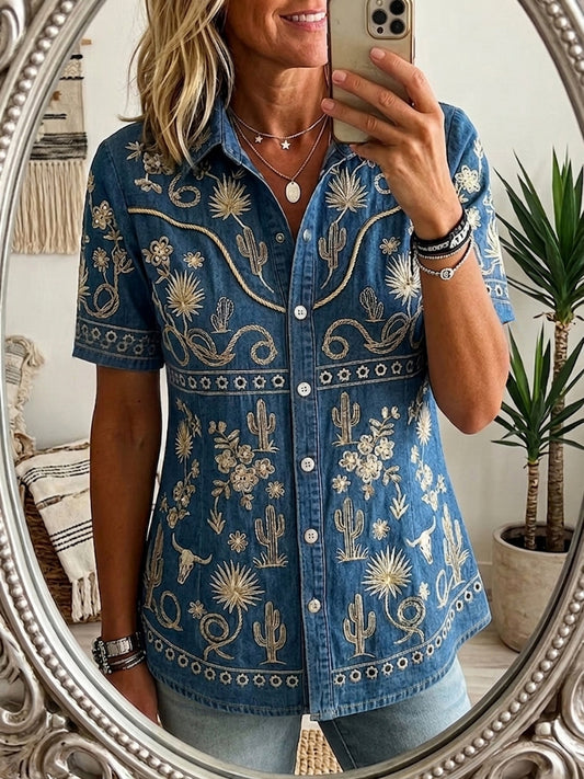 Women's Vintage Western Pattern Print Short Sleeve Shirts