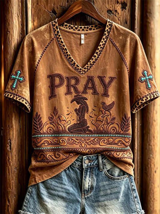 Women's Pray Praying Cowgirl Turquoise Cross Leopard Print short-sleeved T-shirt
