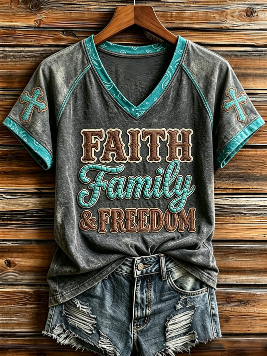 Women's Retro Western Faith Family & Freedom Cross Print V-neck Short-sleeved T-shirt