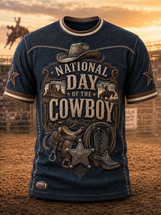 Men’s Retro Western Cowboy Day Print Casual Short-Sleeve T-Shirt.