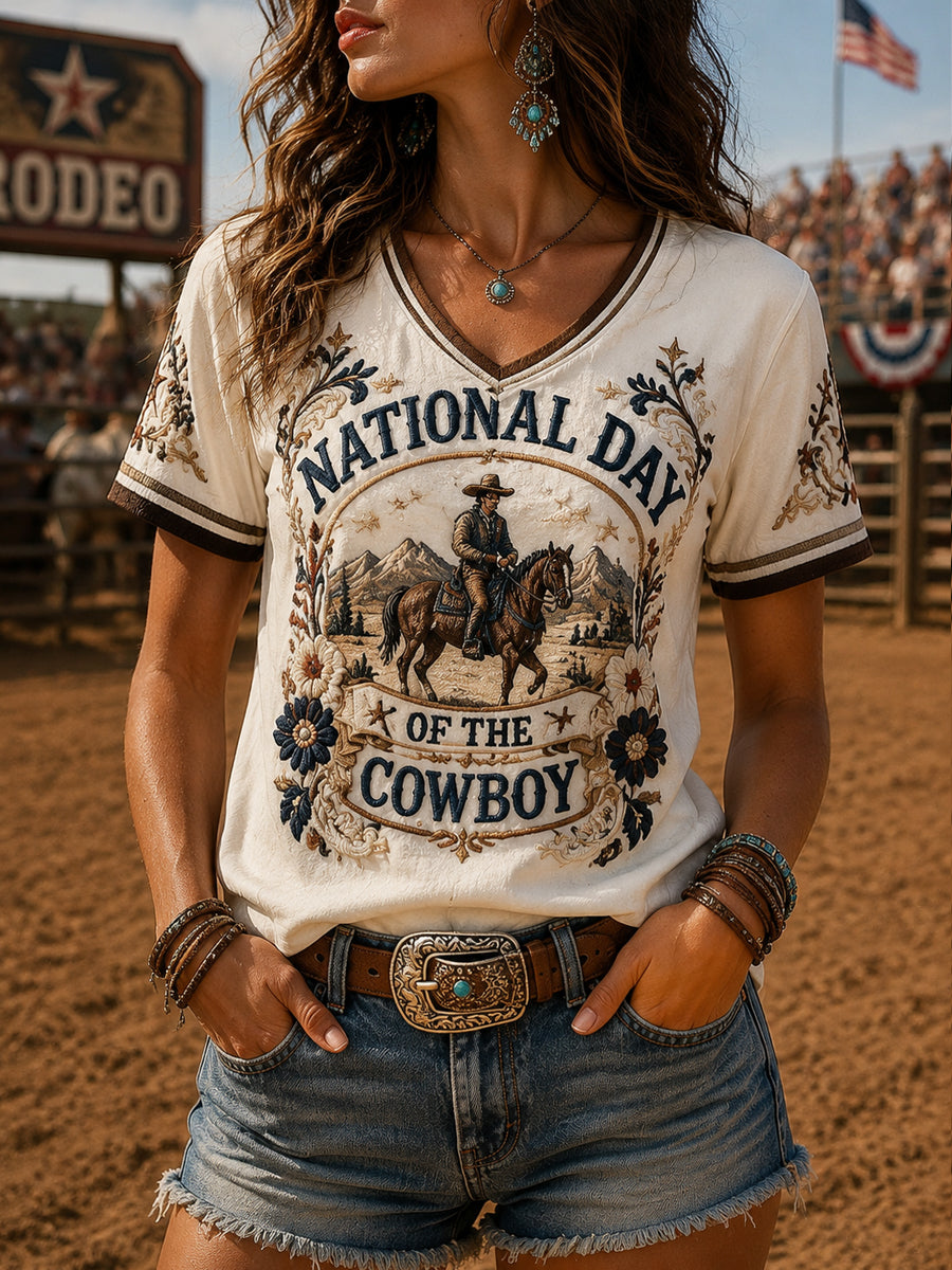 Women’s Retro Western Cowboy Day Print Casual Short-Sleeve T-Shirt
