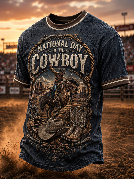 Men’s Retro Western Cowboy Day Print Casual Short-Sleeve T-Shirt.