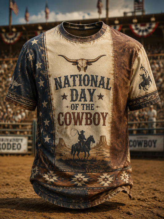 Men’s Retro National Cowboy Day Printed Casual T-Shirt