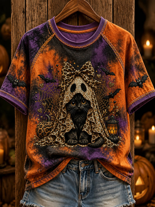 Women's Retro Halloween Ghost Black Cat O-neck Short Sleeve T-shirt